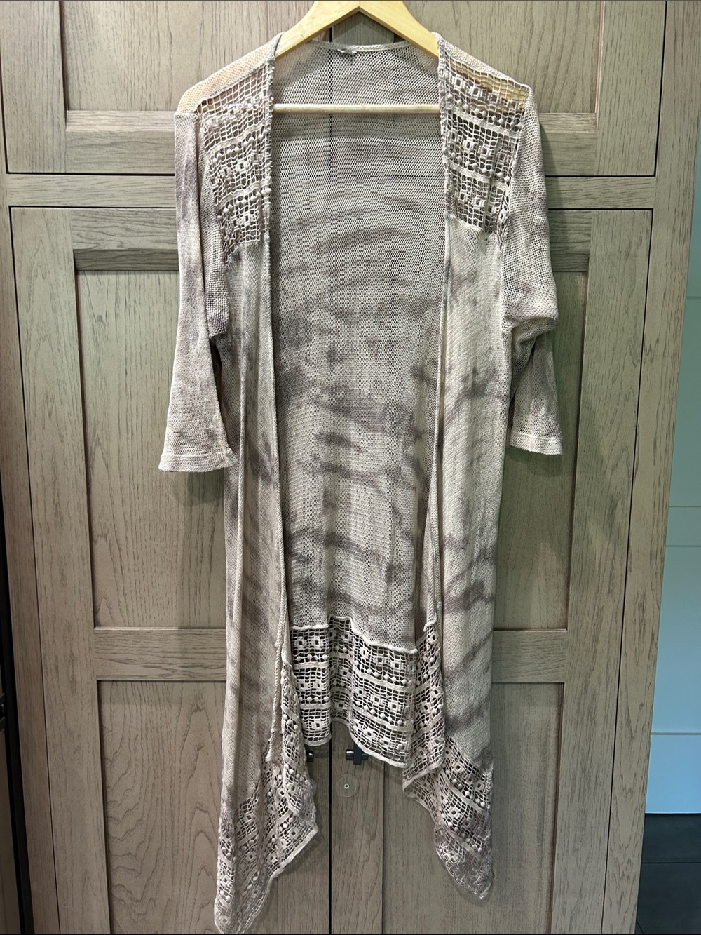 XCVI Taupe and Cream Open Front Crochet Trim Duster